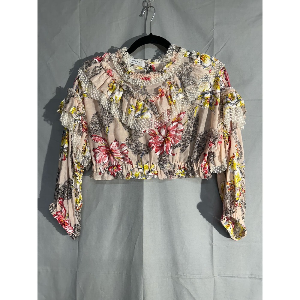 Philosophy Di Lorenzo Serafini Top Womens 4 Pink Floral Ruffle Crop Lace Cottage